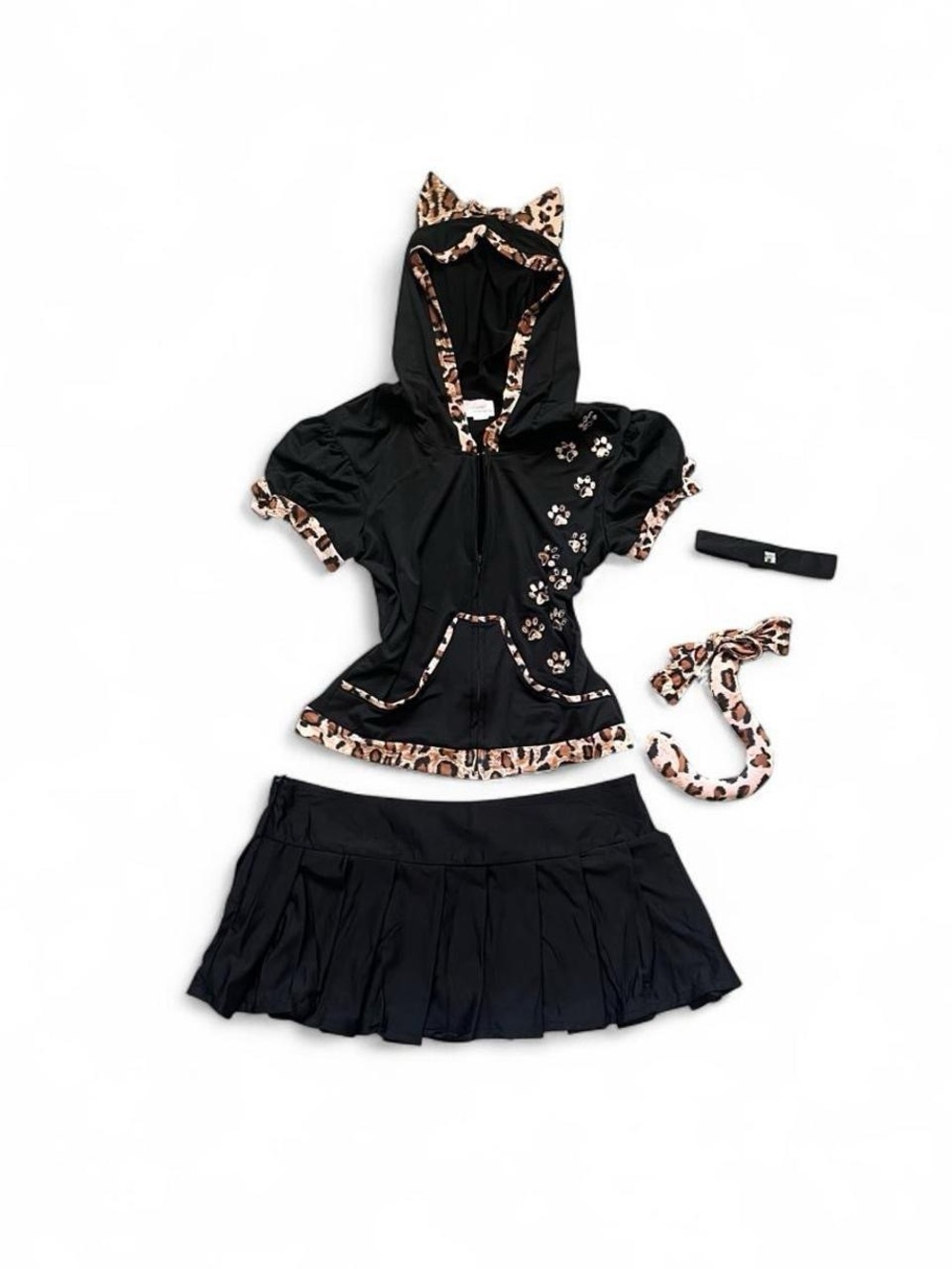 2000s y2k deadstock kitty cat costume 5 piece set black cheetah leopard print